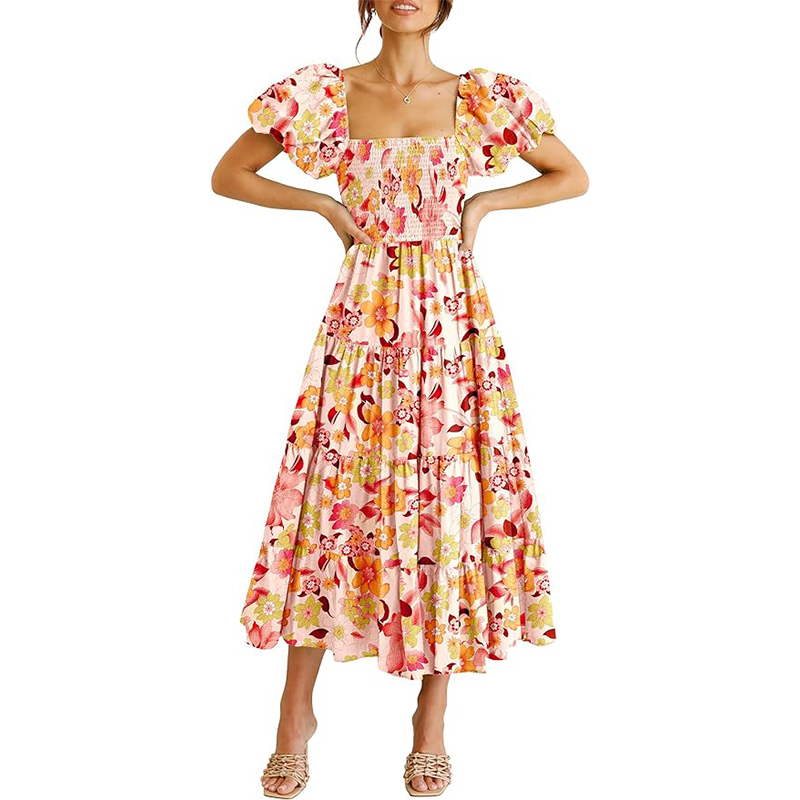 Women's Casual Summer Midi Dress Puffy Short Sleeve Square Neck Smocked Tiered Ruffle Dresses