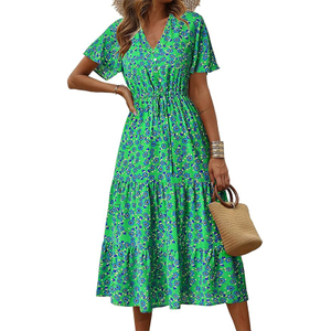 Women's Floral Boho Dress Casual Short Sleeve V Neck Ruffle Tiered 2024 Summer Swing Maxi Dresses