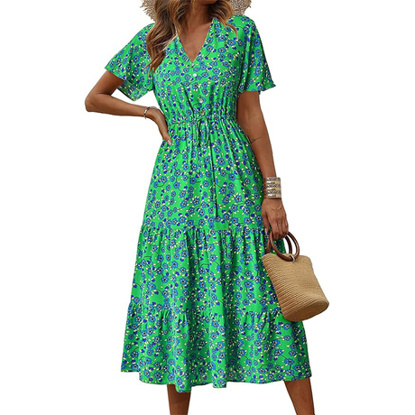 Women's Floral Boho Dress Casual Short Sleeve V Neck Ruffle Tiered 2024 Summer Swing Maxi Dresses