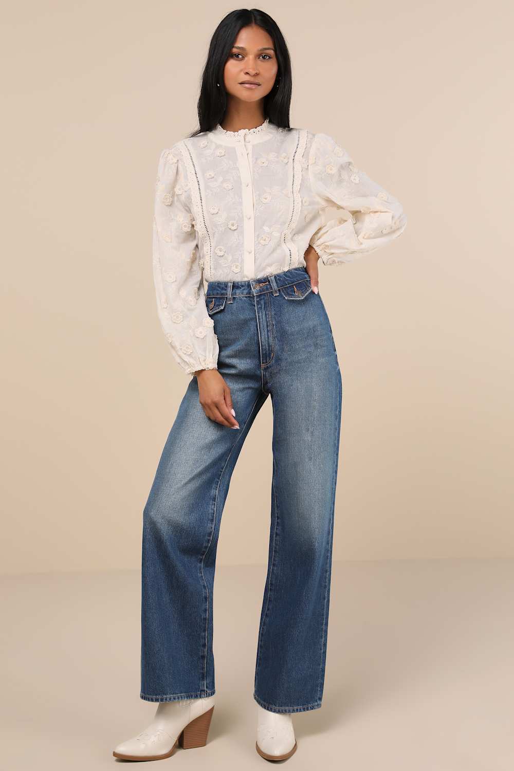 Women's Admired Effect Cream Embroidered Shirt with long sleeves