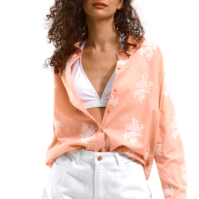Women's Fashion Floral Fullover Embroidery Shirt with Button, Lapel Collar 