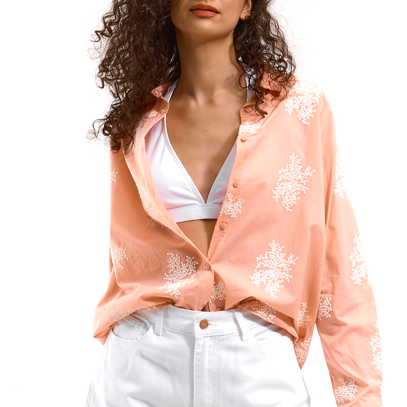 Women's Fashion Floral Fullover Embroidery Shirt with Button, Lapel Collar 