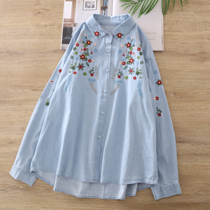 Customized Wholesale Denim Shirt with Floral Embroidery