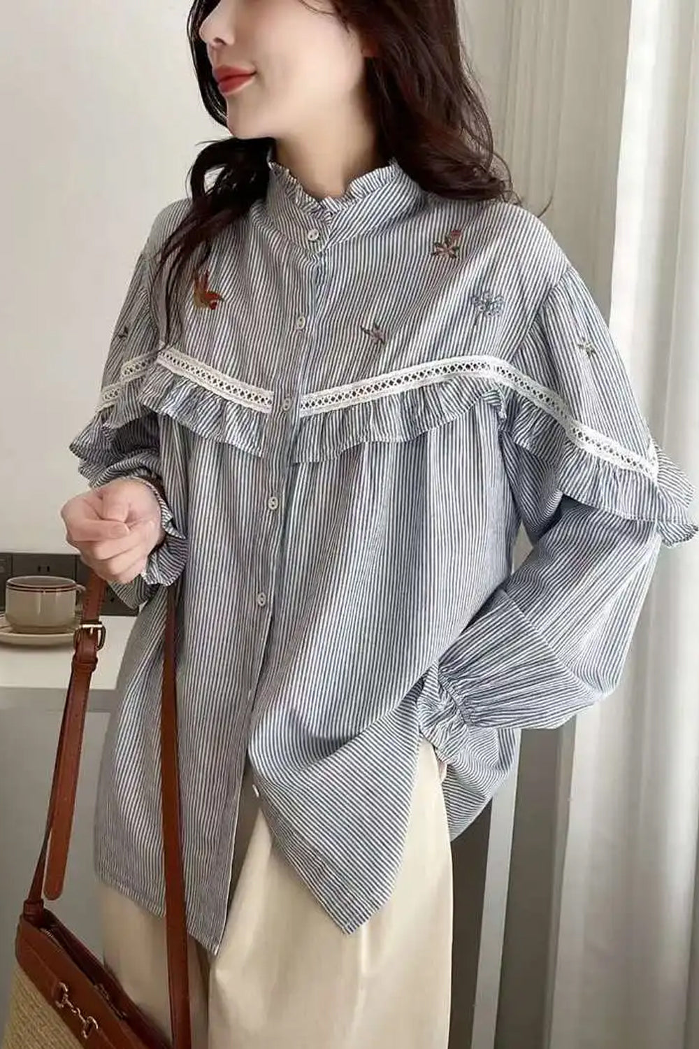 Wholesale Custom Embroidered Striped Blouse Shirt