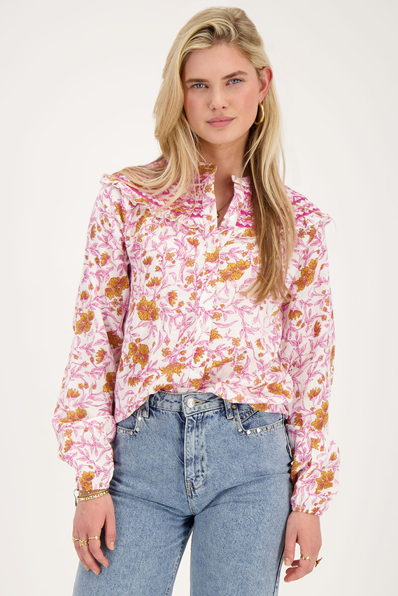 Custom Wholesale Blouse with pink floral print and embroidery