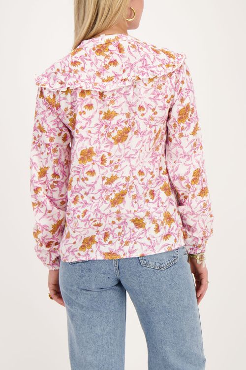 Custom Wholesale Blouse with pink floral print and embroidery