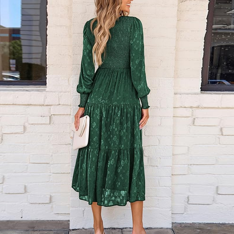 Women's Fall Midi Dress Long Sleeve Floral Smocked Elegant Wedding Guest Long Flowy Dresses