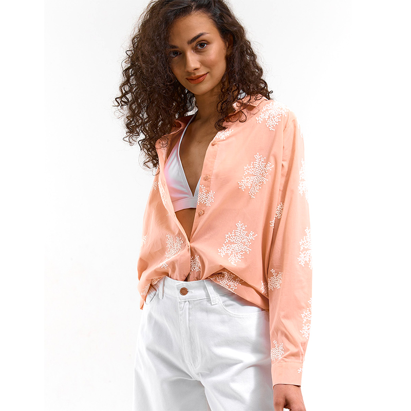 Women's Fashion Floral Fullover Embroidery Shirt with Button, Lapel Collar 
