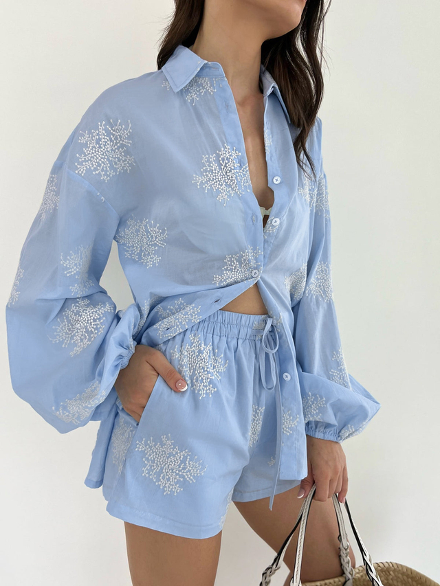 Customized Wholesale Plant Embroidery Casual Shorts Set