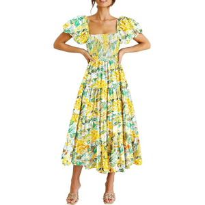Women's Casual Summer Midi Dress Puffy Short Sleeve Square Neck Smocked Tiered Ruffle Dresses