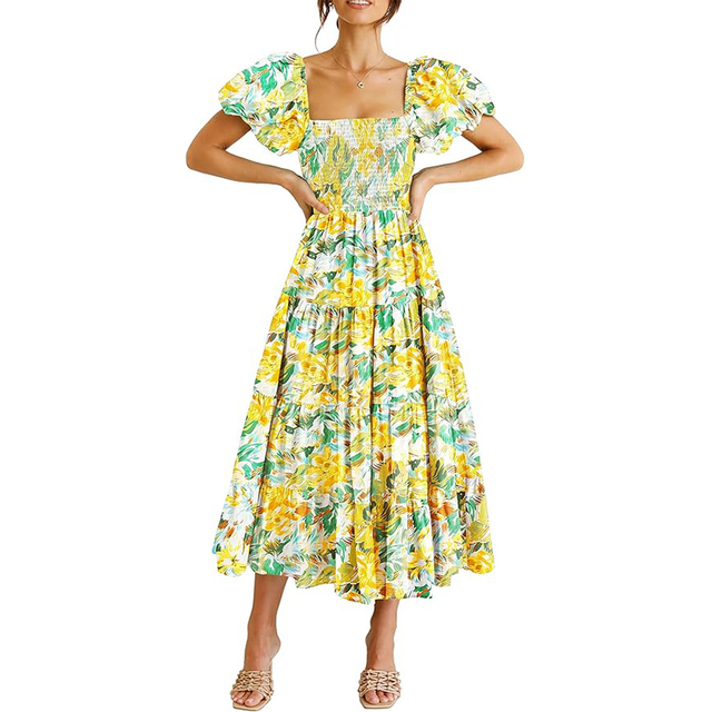 Women's Casual Summer Midi Dress Puffy Short Sleeve Square Neck Smocked Tiered Ruffle Dresses