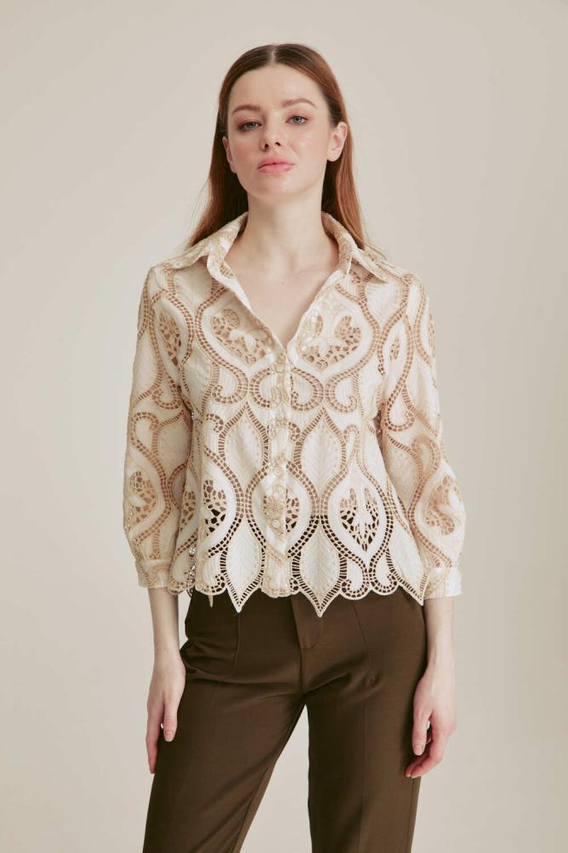 Women's Khaki Hallow out Laser Embroidery Shirts Manufacturer 