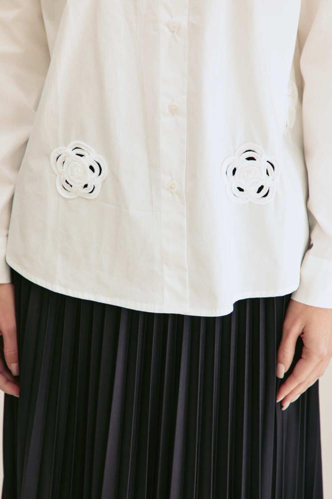 Women's Cotton Roses and Beads Applique White Shirt Factory