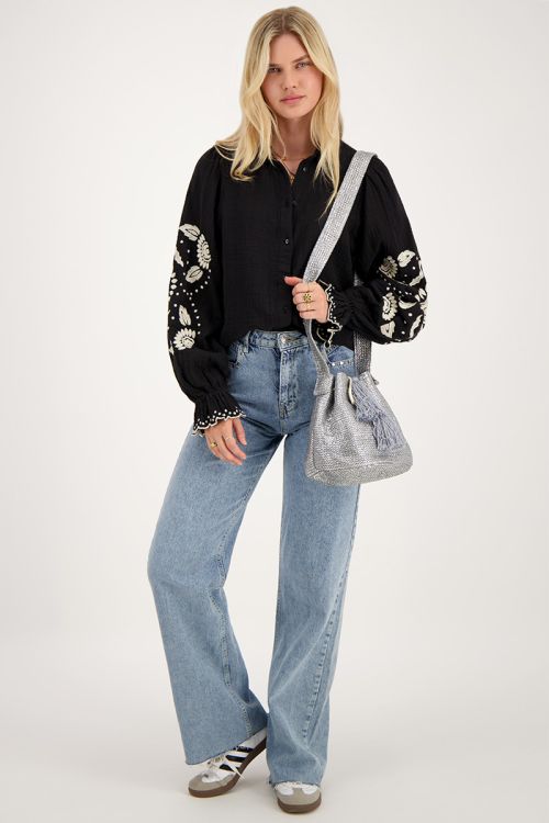 Custom Wholesale Black Blouse with Beige Embroidery