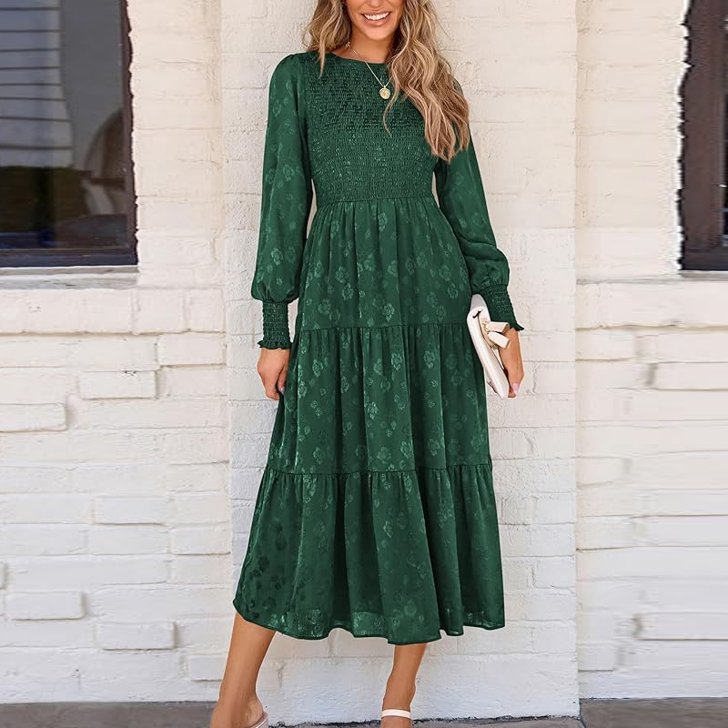 Women's Fall Midi Dress Long Sleeve Floral Smocked Elegant Wedding Guest Long Flowy Dresses