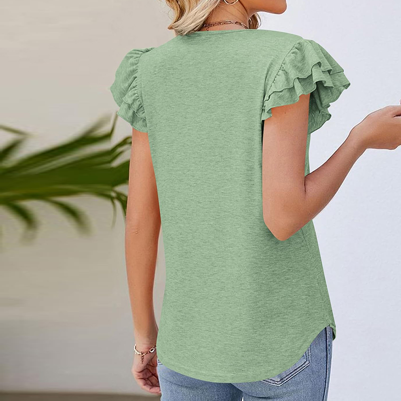 Women's 2024 Summer Basic Tops Flattering V Neckline Tee Shirts Casual Ruffle Short Sleeve V Neck T Shirts Blouses 
