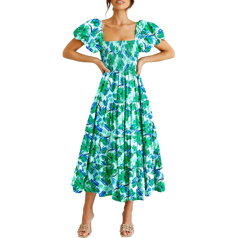 Women's Casual Summer Midi Dress Puffy Short Sleeve Square Neck Smocked Tiered Ruffle Dresses