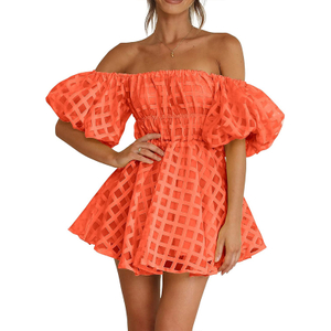 Women's Off The Shoulder Babydoll Dress Short Puff Sleeve Casual A Line Ruffle Summer Dresses