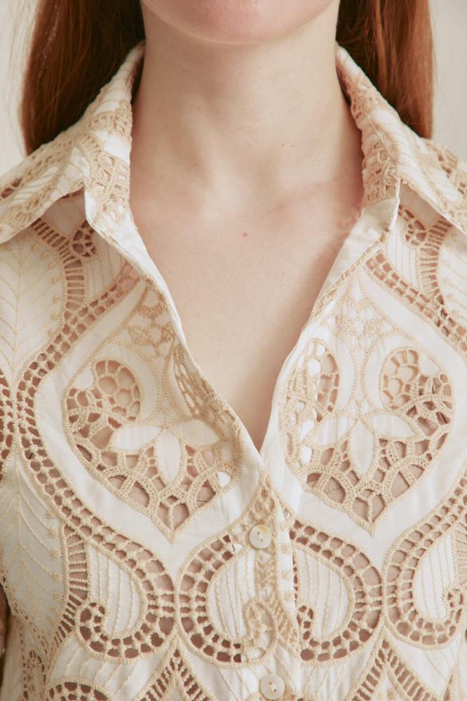 Women's Khaki Hallow out Laser Embroidery Shirts Manufacturer 