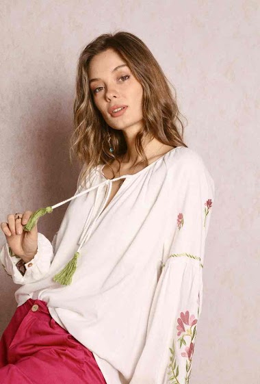 Custom Wholesale Women's Linen Embroidered Blouse with Contrast Tassels