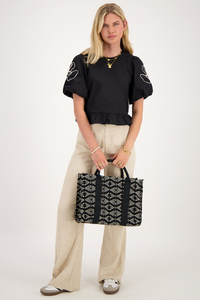 Custom Wholesale Beige Floral Embroidery Black Blouse