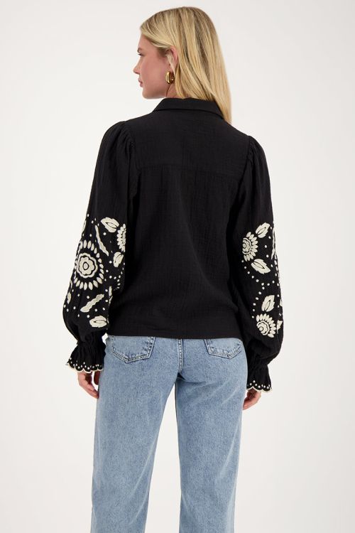 Custom Wholesale Black Blouse with Beige Embroidery