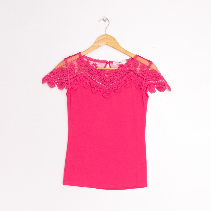 Women's Fashion Lace T Shirt with Short Lace Sleeves Round Neck Mesh Lace Hallow Out