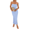 Women's Summer Sexy Ribbed Strapless Side Slit Long Going Out Casual Elegant Party Dresses Bodycon Maxi Tube Dress