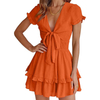 Women's Lovely Knot Tie Front V Neck Short Sleeve Ruffle Layer A-Line Short Dress Summer Swing Mini Dress 