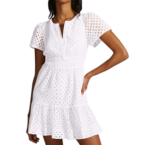 Womens 2024 Summer Short Dress V Neck Short Sleeve A Line Hollow Out Lace Ruffle Cute Casual Beach Party Dresses