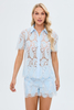 Women's Blue Cashew Nut flower Hallow out Laser Embroidery Shirts Sets Manufacturer