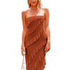 Women's Summer Long Formal Cocktail Dress Strapless Tube Asymmetrical Flowy Ruffle Maxi Fitted Bodycon Dresses