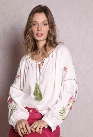 Custom Wholesale Women's Linen Embroidered Blouse with Contrast Tassels