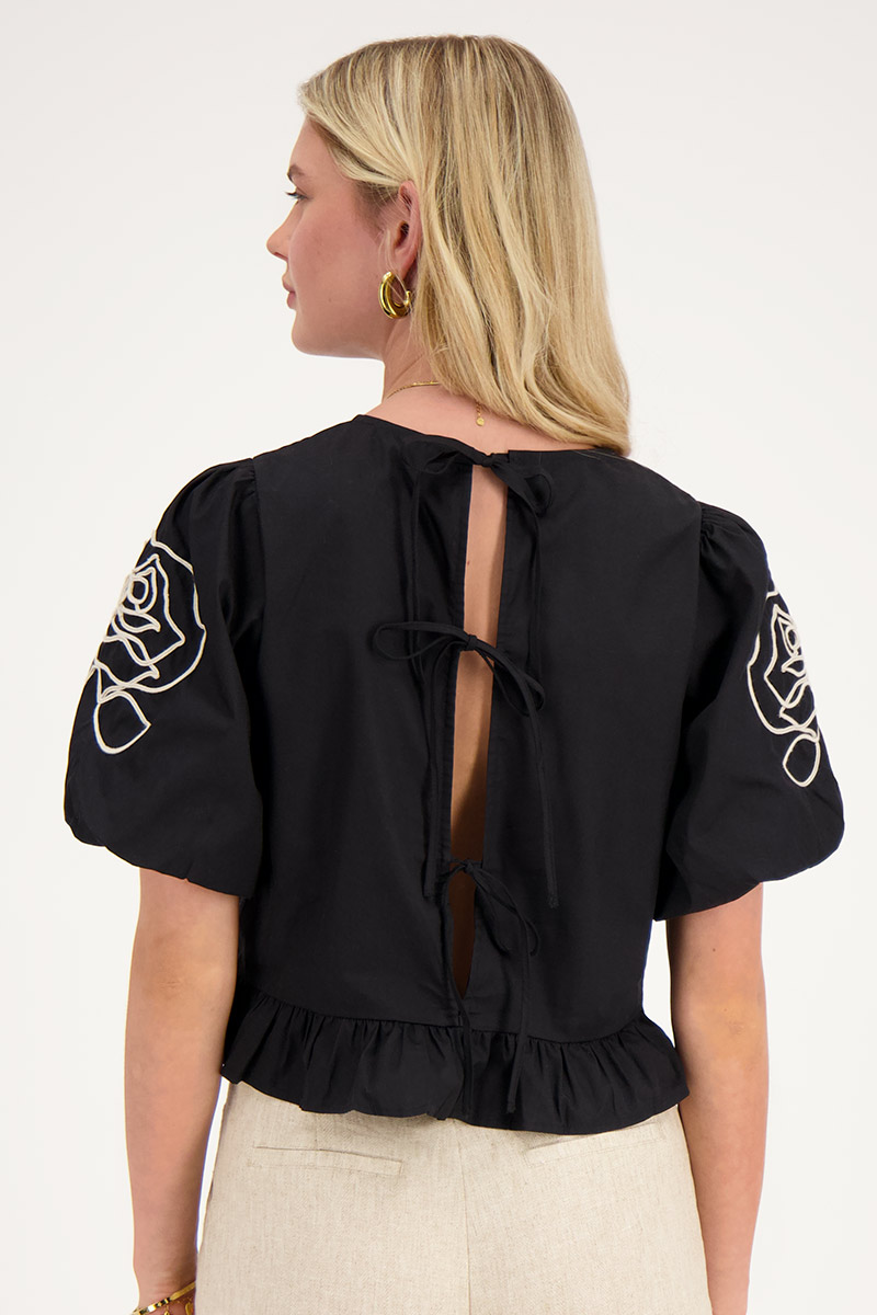 Custom Wholesale Beige Floral Embroidery Black Blouse