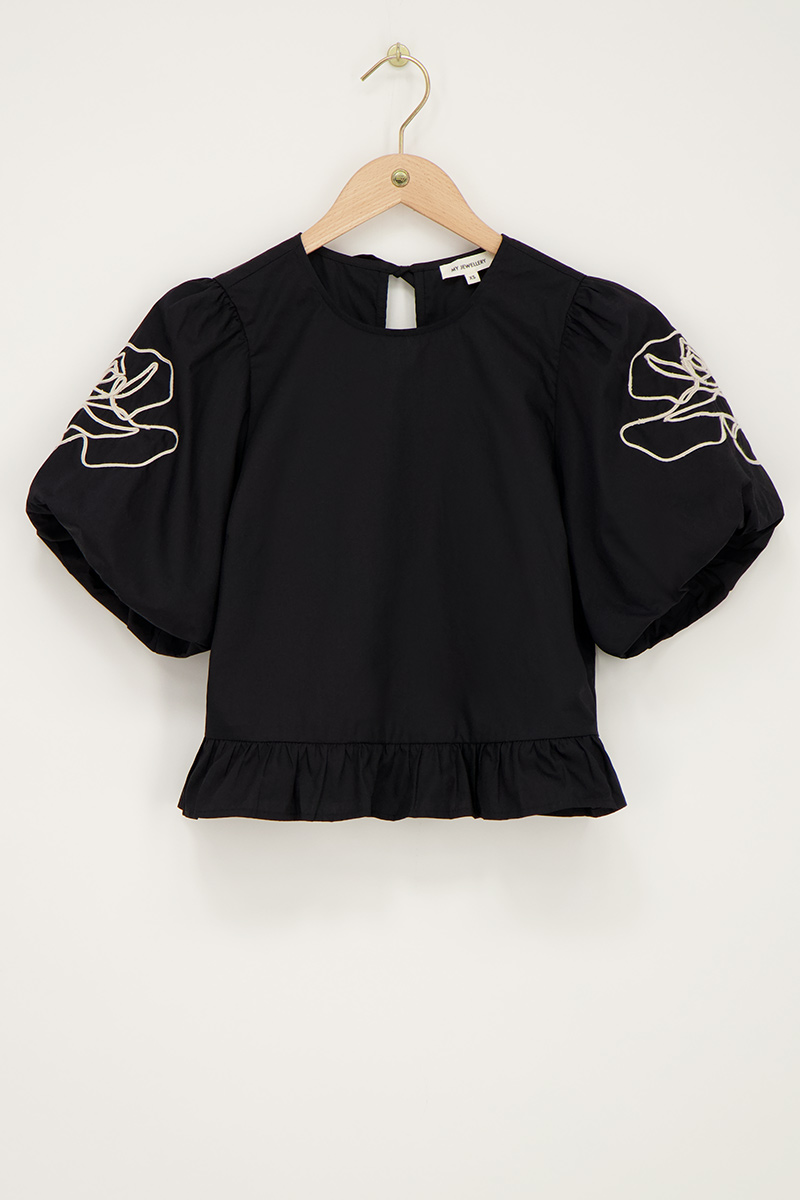 Custom Wholesale Beige Floral Embroidery Black Blouse