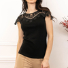 Women's Fashion Lace T Shirt with Short Lace Sleeves Round Neck Mesh Lace Hallow Out
