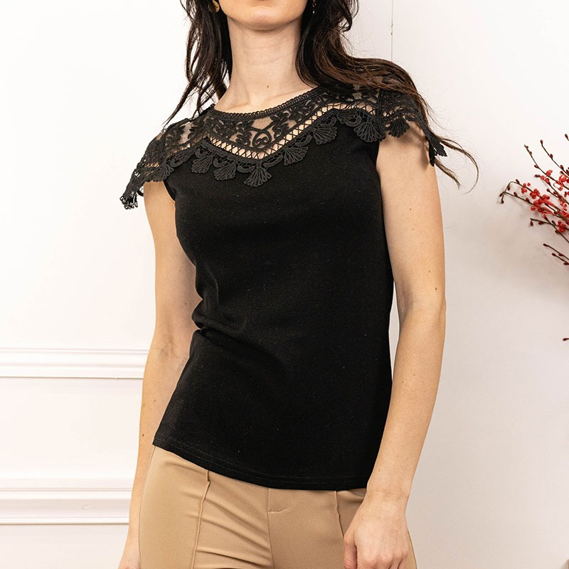 Women's Fashion Lace T Shirt with Short Lace Sleeves Round Neck Mesh Lace Hallow Out