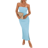 Women's Summer Sexy Ribbed Strapless Side Slit Long Going Out Casual Elegant Party Dresses Bodycon Maxi Tube Dress