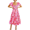 Women's Casual Summer Midi Dress Puffy Short Sleeve Square Neck Smocked Tiered Ruffle Dresses