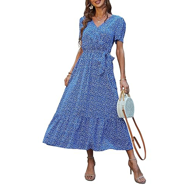 Women's Floral Boho Dress Casual Short Sleeve V Neck Ruffle Tiered 2024 Summer Swing Maxi Dresses
