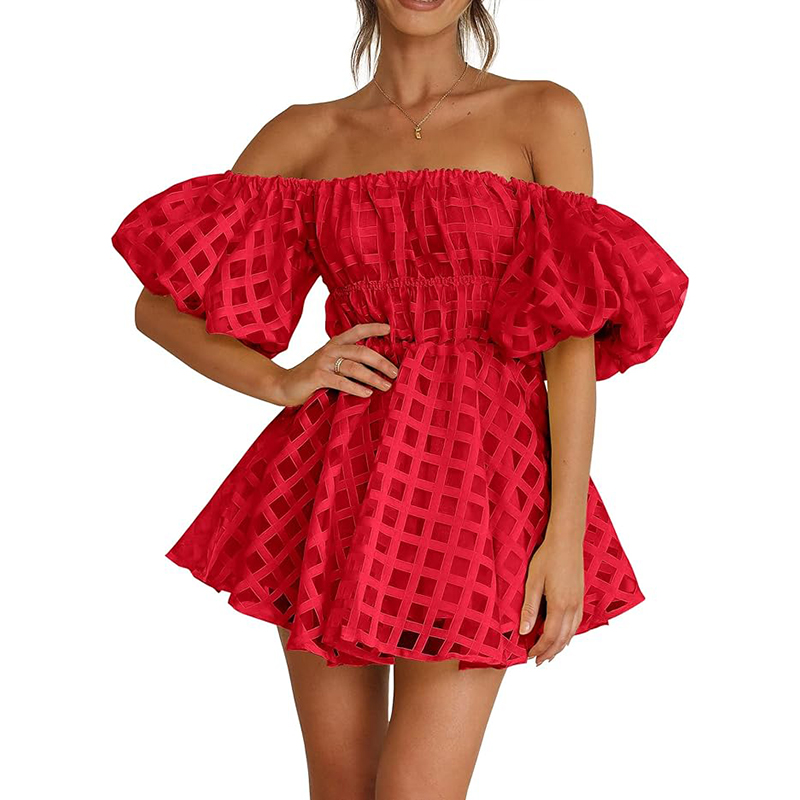 Women's Off The Shoulder Babydoll Dress Short Puff Sleeve Casual A Line Ruffle Summer Dresses