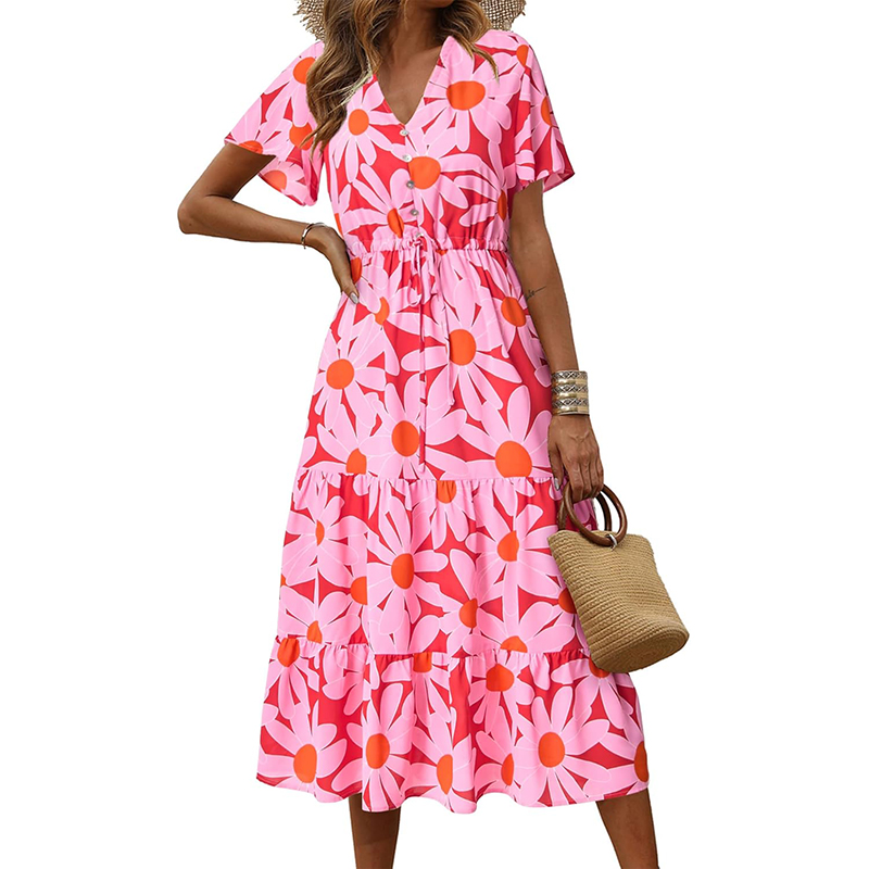 Women's Floral Boho Dress Casual Short Sleeve V Neck Ruffle Tiered 2024 Summer Swing Maxi Dresses