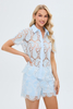Women's Blue Cashew Nut flower Hallow out Laser Embroidery Shirts Sets Manufacturer