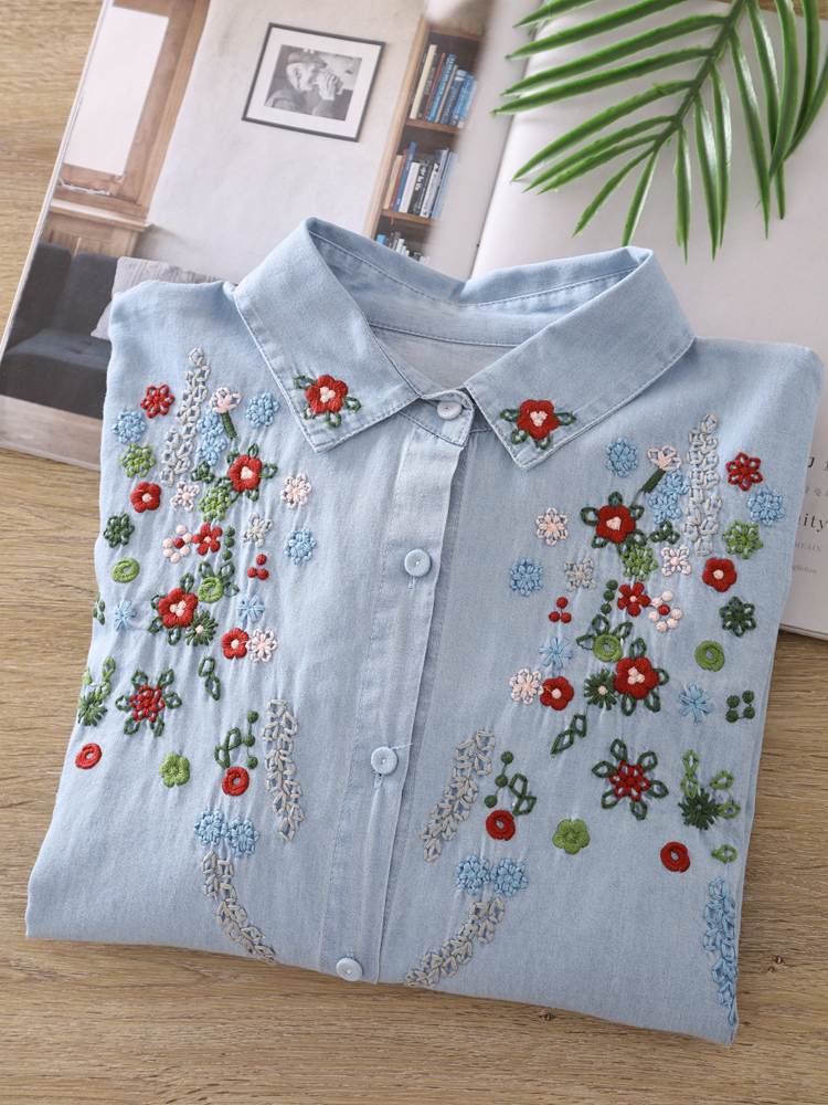 Customized Wholesale Denim Shirt with Floral Embroidery