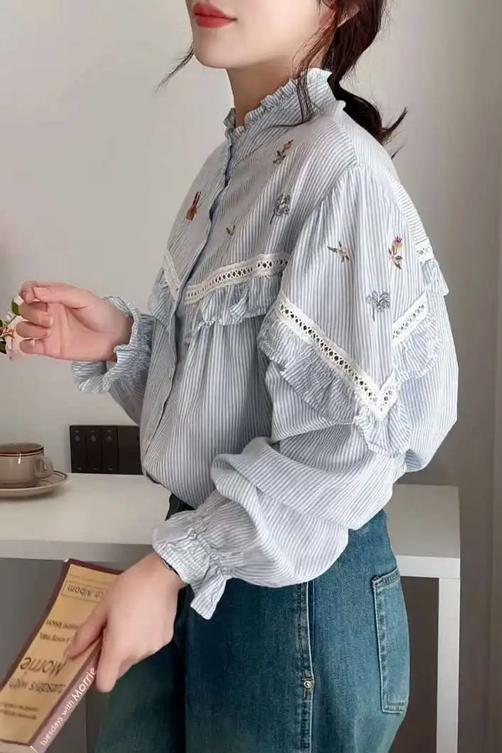 Wholesale Custom Embroidered Striped Blouse Shirt