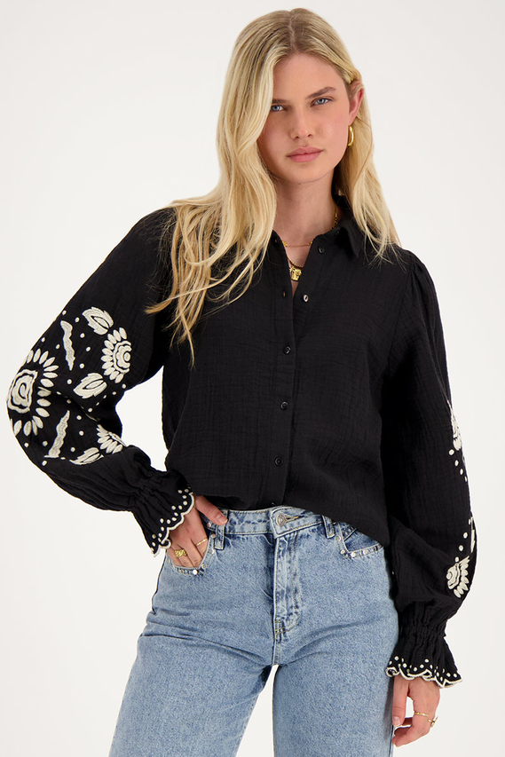 Custom Wholesale Black Blouse with Beige Embroidery