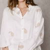 Women's Spring Summer Embroidered Oversized Shirt Fullover Embroidery with Shell Button Paisley Embroidery Adjustable Sleeve Tab Lapel Collar