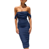 Women's Summer Off The Shoulder Ruched Bodycon Dresses Sleeveless Fitted Party Club Midi Dress