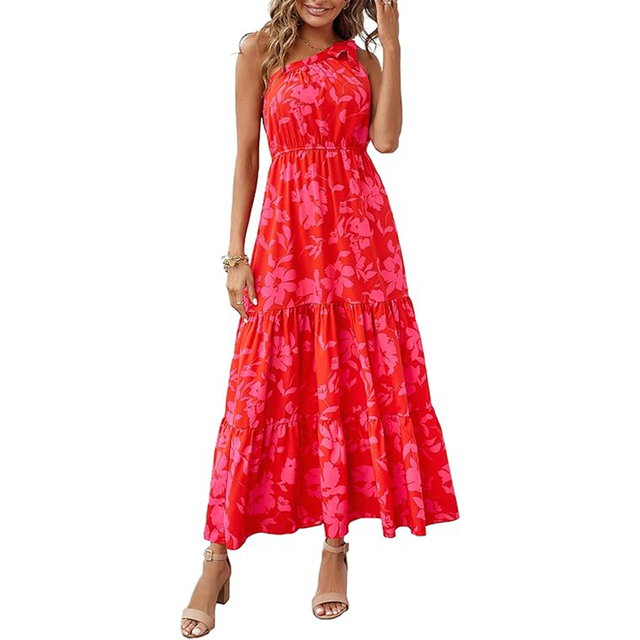 Women's Floral Tiered Maxi Dress Knot One Shoulder Sleeveless Ruffle Hem Flowy Bohemian Long Dresses