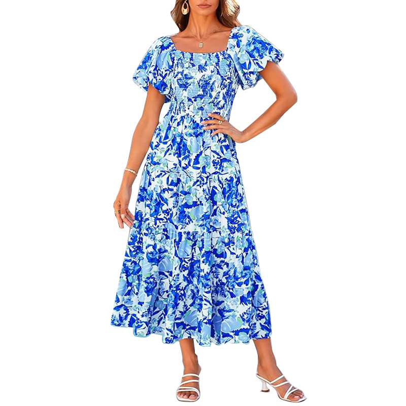 Women's Casual Summer Midi Dress Puffy Short Sleeve Square Neck Smocked Tiered Ruffle Dresses